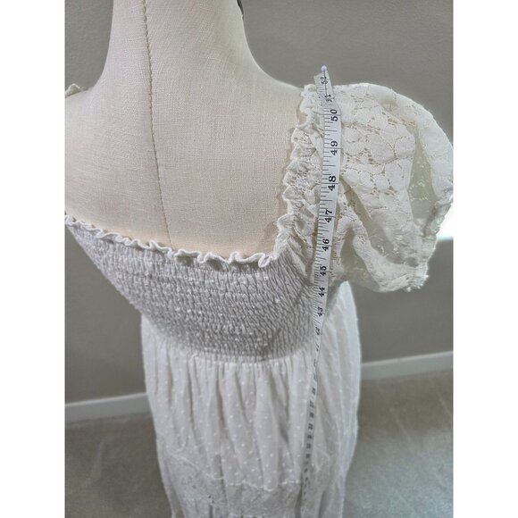 White Lace & Smocked Midi Dress Short Puff Sleeves Anna-Kaci 1X - Picture 4 of 5